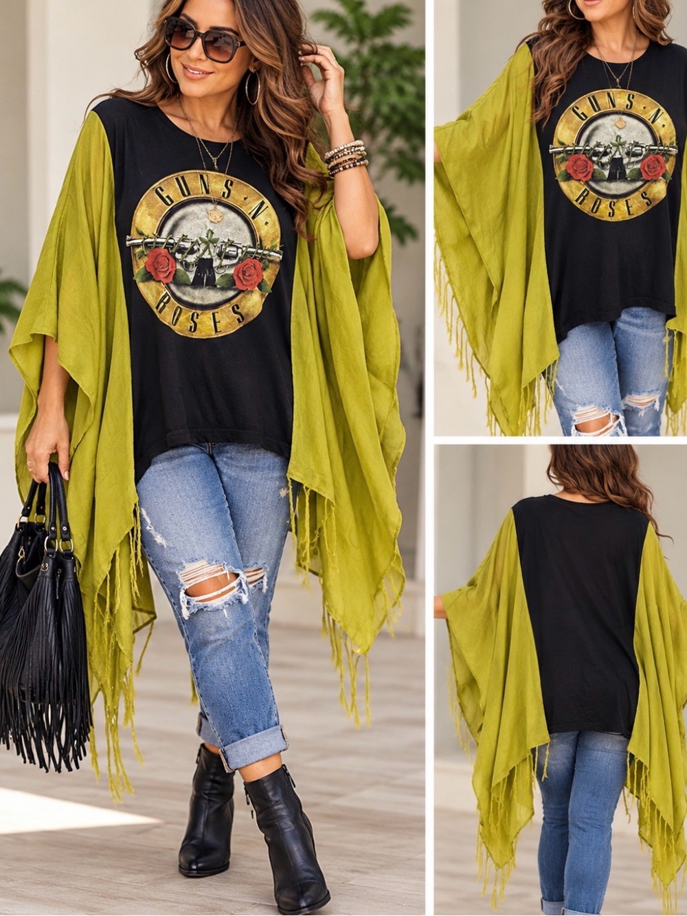 Guns N' Roses Black Graphic Tee with Olive Green Fringed Poncho